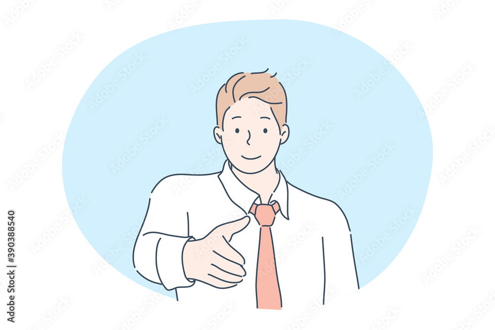 Meeting, greeting, business deal, recruitment, employment concept. Smiling businessman cartoon character clerk manager boss making hand introduction. Agreement with colleagues or partners illustration
