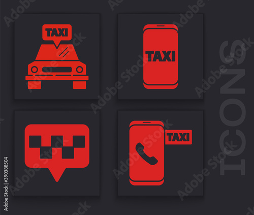 Set Taxi call telephone service, Taxi car, Taxi call telephone service and Map pointer with taxi icon. Vector.