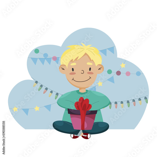 vector illustration of a little boy receiving a christmas present. a box with a gift in the hands of a child.  home decorations for christmas.