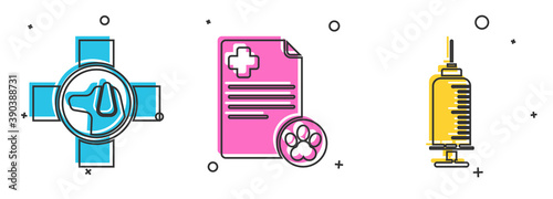 Set Veterinary clinic symbol, Clipboard with medical clinical record pet and Syringe with pet vaccine icon. Vector.