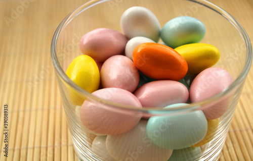 Almond candies close up view  sweets in the bowl