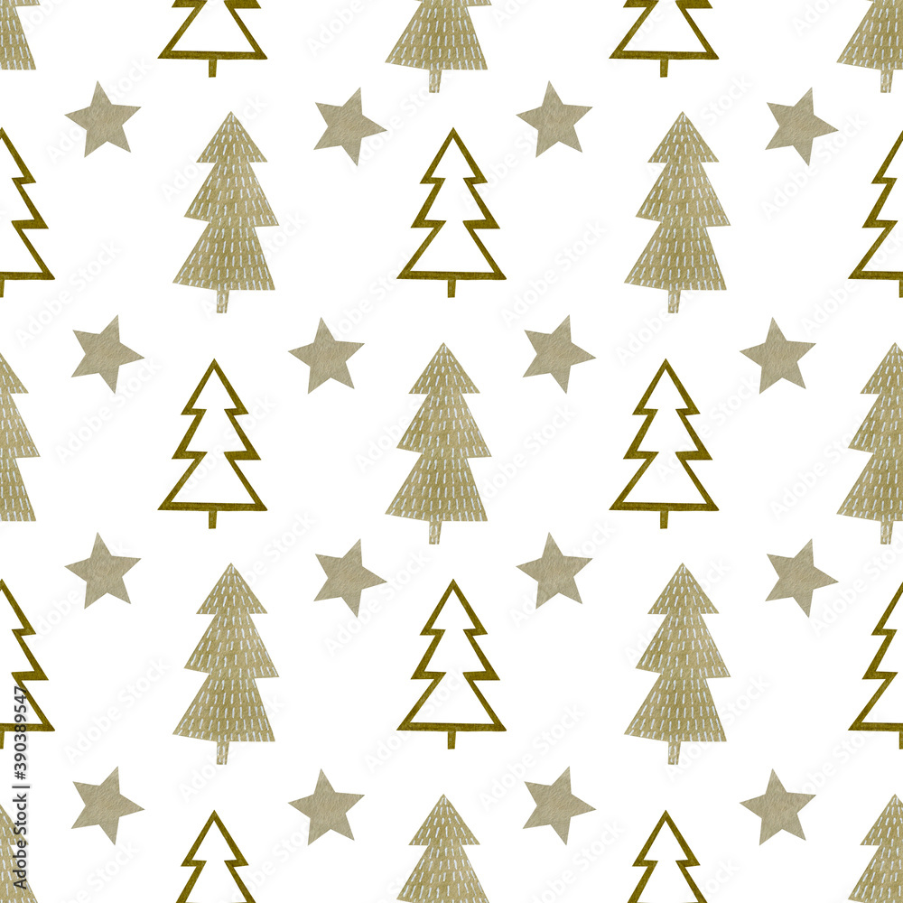 Obraz premium Watercolor seamless pattern with Christmas tree, stars. Background for new year, merry christmas.