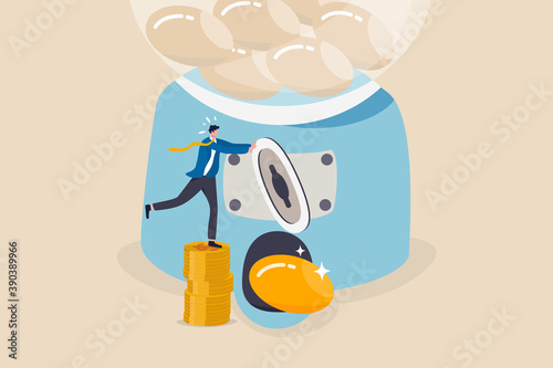 ROI, Return on Investment or high profit and success stock investing concept, smart businessman investor or company owner insert money coin into gumball machine and make it return precious golden egg.