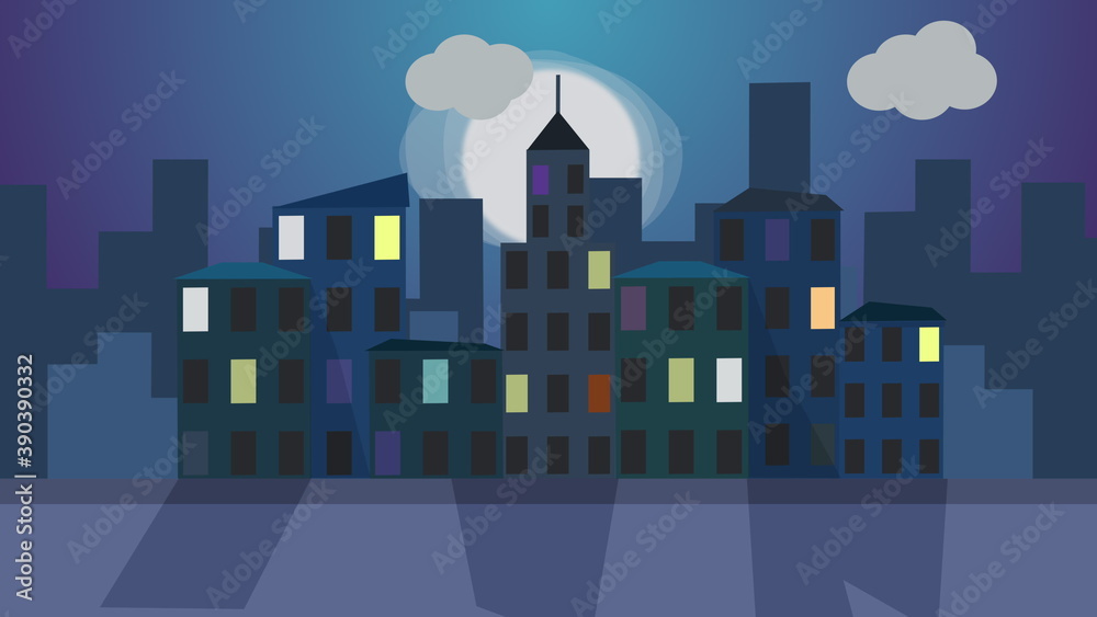 2D image of a flat cartoon night city. Bright light window on dark buildings