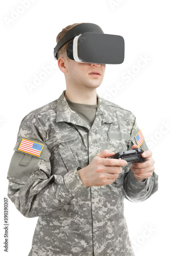 Indoors close up shot of military man working with VR glasses and controller