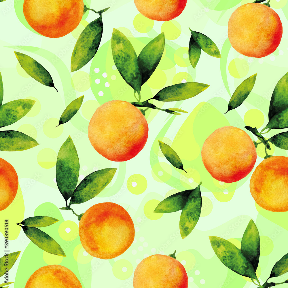 Orange watercolor seamless pattern with abstract background. Citrus slices, leaves and tropical fruits on a branch.