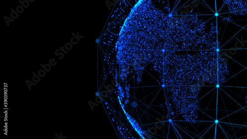 3d wireframe globe made of dots on a black background. Tech background. 3d rendering