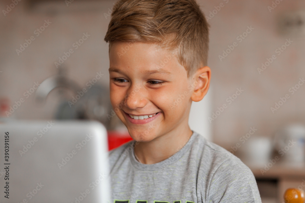 Happy elementary student having an online class over a computer at home. Happy elementary student having an online class over a computer at home.