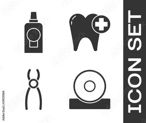 Set Otolaryngological head reflector, Mouthwash plastic bottle, Dental pliers and Tooth icon. Vector.