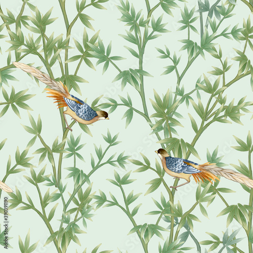 Photography Bamboo bush seamless pattern with birds for fabrics, paper, wallpaper