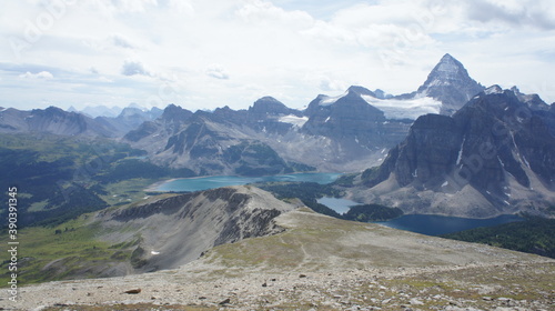 Hiking and climbing around the Mount Assiniboine mountains in the Rockies in British Columbia, Canada