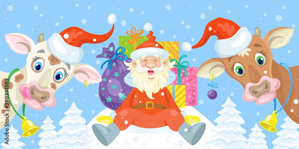 Happy Santa Claus with gifts and two funny bulls-symbols of the New Year in a winter glade. Postcard, poster or banner for 2021. In cartoon style. On a blue background. Vector flat illustration. Happy Santa Claus with gifts and two funny bulls-symbols of the New Year in a winter glade. Postcard, poster or banner for 2021. In cartoon style. On a blue background. Vector flat illustration.