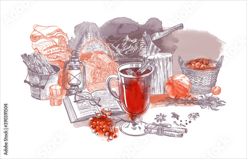 Winter landscape illustration with mulled wine
