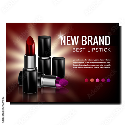 Lipstick Cosmetology Product Promo Banner Vector. Different Color Opened And Closed Blank Packages Advertise Poster. Fashion Accessory Face Make-up Style Concept Template Illustration