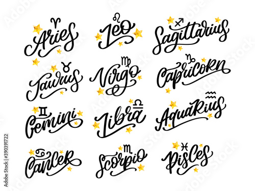 Zodiac lettering Vector Sign. Cartoon astrology text illustration. Horoscope handwritten icon set.