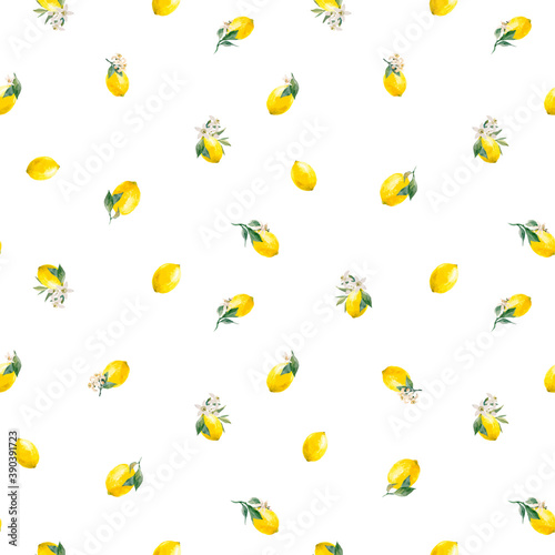 Beautiful vector seamless pattern with watercolor yellow lemon fruits, leaves and flowers. Stock illustrations,.