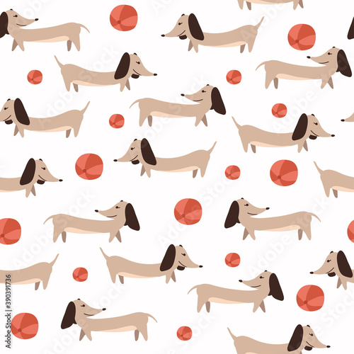 Children's seamless pattern with Dachshund dogs on white background in cartoon style. Cute texture for kids room design, Wallpaper, textiles, wrapping paper, apparel. Vector illustration