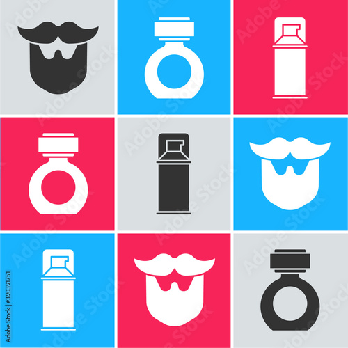 Set Mustache and beard, Aftershave and Shaving gel foam icon. Vector.