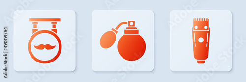 Set Aftershave bottle with atomizer, Barbershop and Electrical hair clipper or shaver. White square button. Vector.