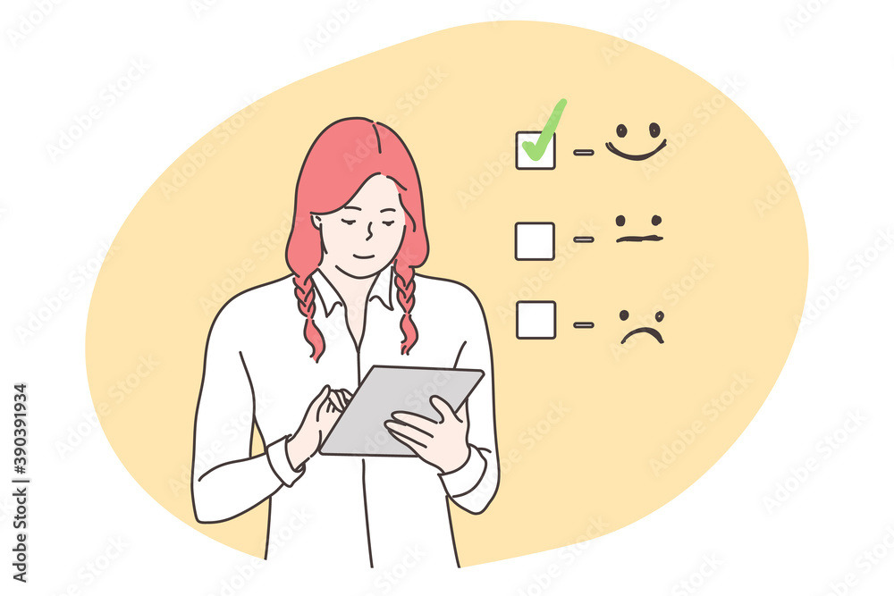 Customer assessment, business, feedback concept. Smiling businesswoman consumer cartoon character giving excellent rank comment for online survey. Marketing research and client experience illustration