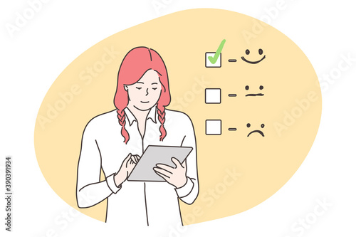 Customer assessment, business, feedback concept. Smiling businesswoman consumer cartoon character giving excellent rank comment for online survey. Marketing research and client experience illustration