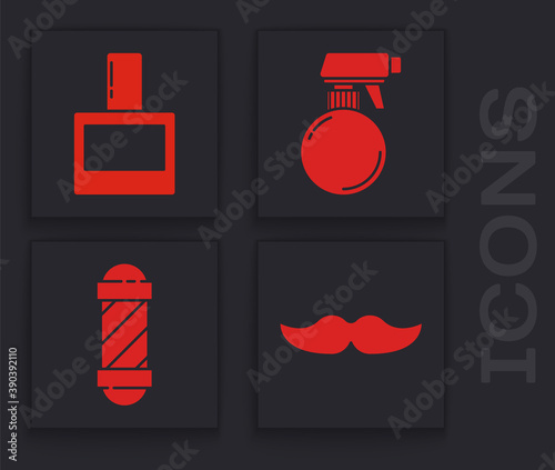 Set Mustache, Aftershave, Hairdresser pistol spray bottle and Classic Barber shop pole icon. Vector.