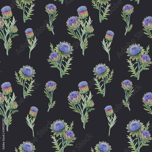 Beautiful vector seamless floral pattern with watercolor gentle blue blooming artichoke flowers. Stock illustration.