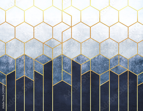 Geometric abstraction of hexagons on a blue relief background with gold elements. Fresco for interior printing, Wallpapers.