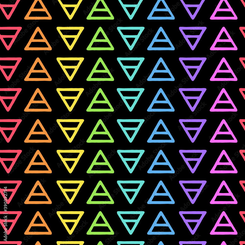 Vector geometric rainbow pattern with colorful triads on black background. Seamless pattern can be used for wallpaper, pattern fills, web page background, surface textures.