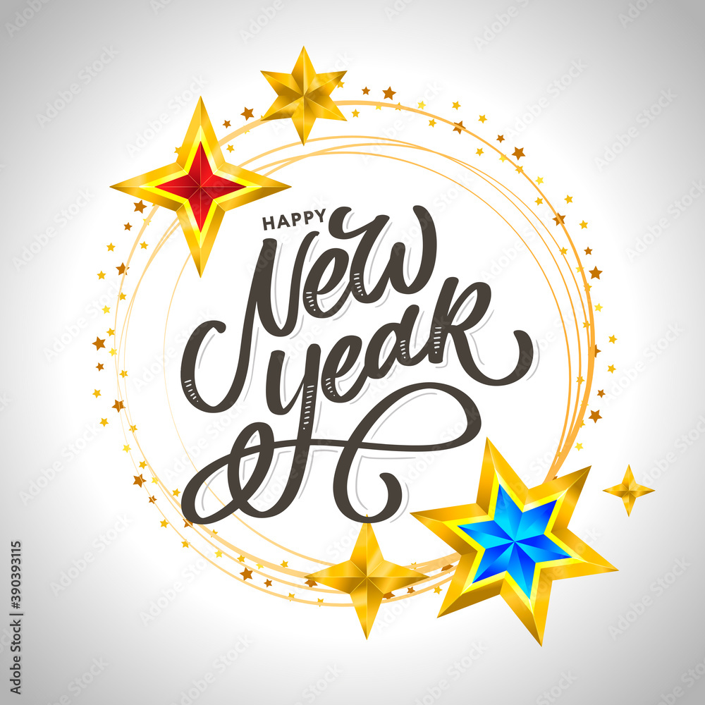 Happy New Year 2020. Lettering Composition With Stars And Sparkles. Holiday Vector Illustration frame Happy New Year 2020. Lettering Composition With Stars And Sparkles. Holiday Vector Illustration frame