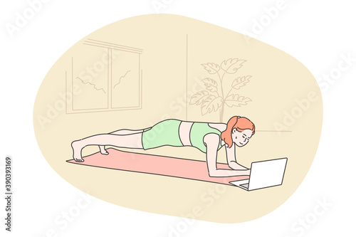 Sport training, yoga, fitness concept. Happy woman athlete in sportswear cartoon character does workout exercise standing in bar plank using laptop at home. Active lifestyle body care illustration.