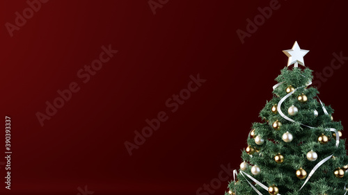 decorated christmas tree on dark red background, 3D illustration concept