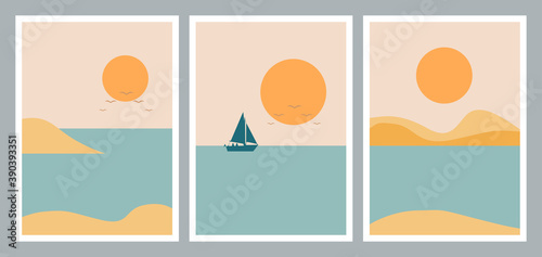 Set of abstract minimalist aesthetic posters backgrounds with sea landscape, couple silhouette, yacht. Trendy vector illustration for wall decoration, postcard or brochure, social media.
