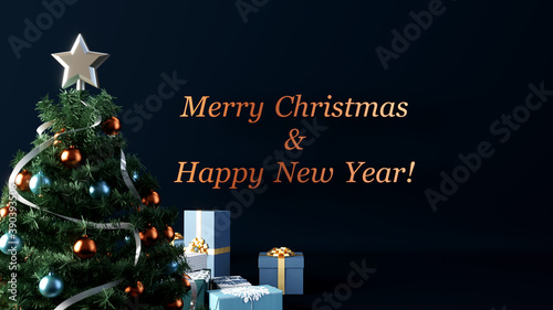Merry Christmas and Happy New Year greeting card, christmas tree and presents on a dark blue background, 3D holiday concept illustration