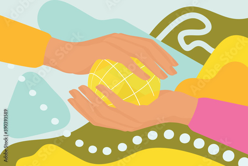 Two female hands holding small globe, collaborating, sharing & preserving earth. Modern vector illustration with playful, colorful background.