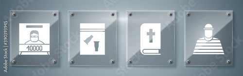 Set Prisoner, Holy bible book, Evidence bag and bullet and Wanted poster. Square glass panels. Vector.