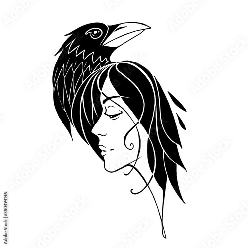 Vector graphic profile of a girl with raven isolated on white background