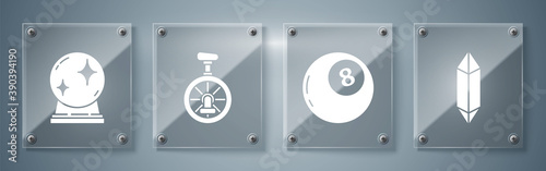 Set Magic stone, Magic ball of predictions, Unicycle or one wheel bicycle and Magic ball. Square glass panels. Vector.