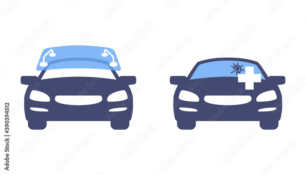 Windscreen replacement and fixing icons for car service - car in front view  with replacing of windshield Stock Vector