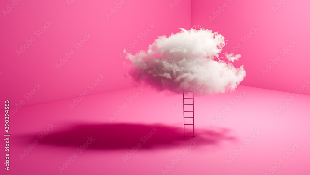 Success concept: A ladder leaning against a real cloud in a pink room. The sky is the limit. - obrazy, fototapety, plakaty 