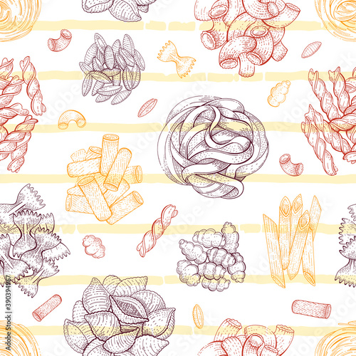 Pasta Pattern. Italian vector food seamless background. Macaroni sketch doodle illustration. Vintage drawing from Italy. Outline pasta icon art. Fettuccine Fusilli Gobetti