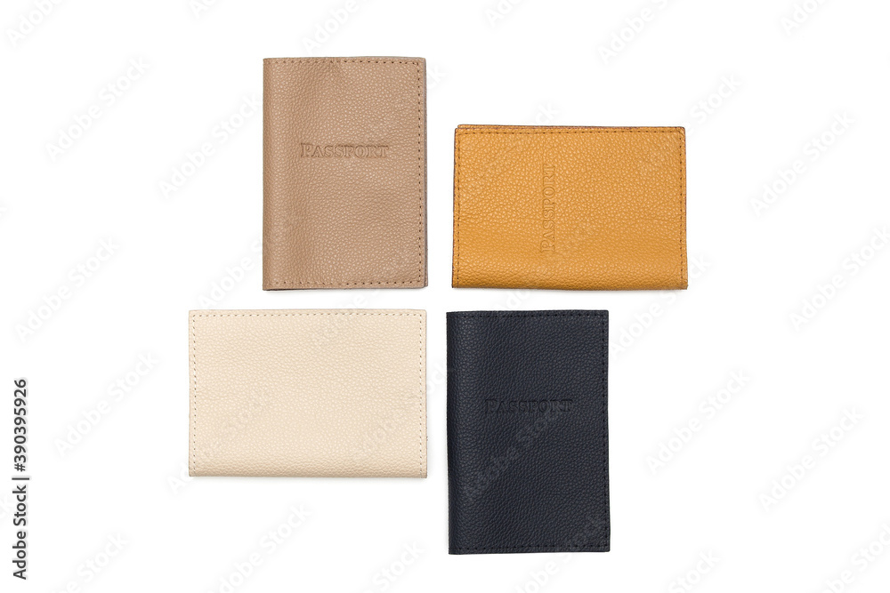 Leather covers for passport, handcrafted work. Brown, white, yellow, beige colors on a white background