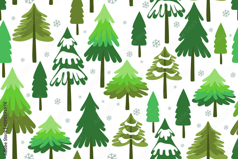 Obraz premium .Hand-drawn winter coniferous forest. Seamless vector pattern. Christmas design. Landscape in a cartoon style.