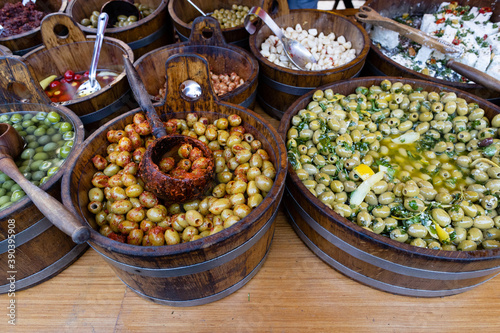 Olives displaying on a street market stand