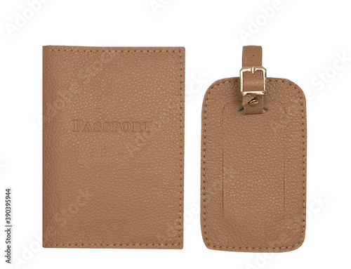 Leather covers for passport, handcrafted work. Brown, white, yellow, beige colors on a white background