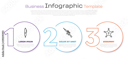 Set line Pen, Sniper rifle with scope and Hexagram sheriff. Business infographic template. Vector.
