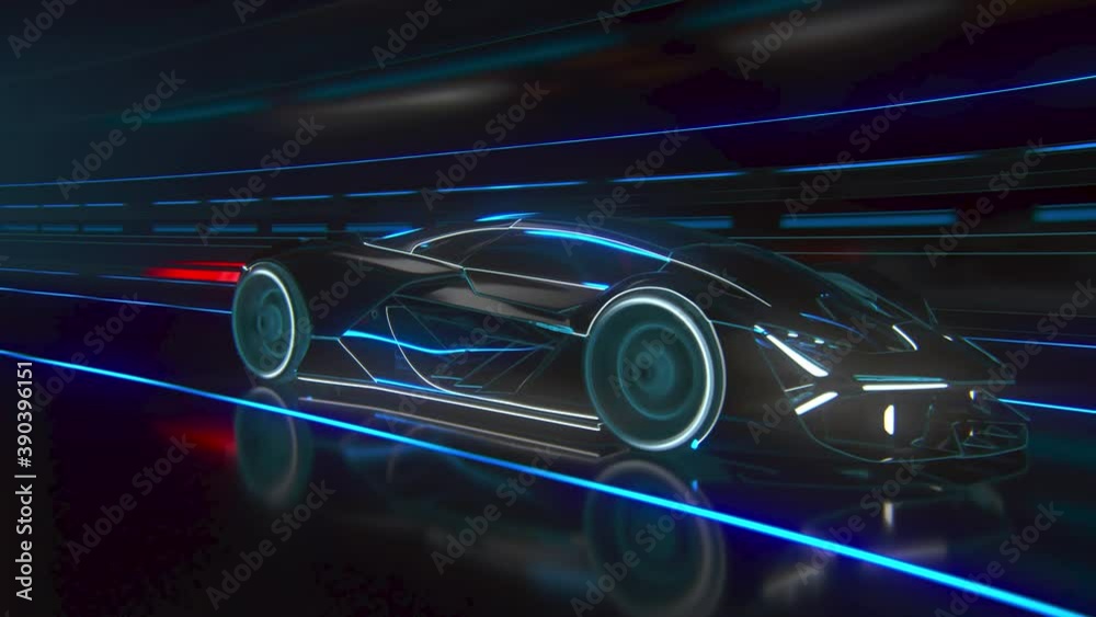 A fast sports car drives through a neon-lit tunnel.