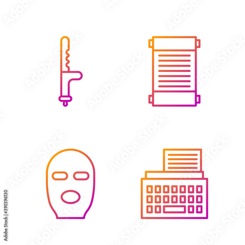 Set line Retro typewriter, Thief mask, Police rubber baton and Decree, paper, parchment, scroll. Gradient color icons. Vector.