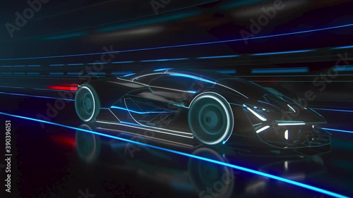 A fast sports car drives through a neon-lit tunnel.