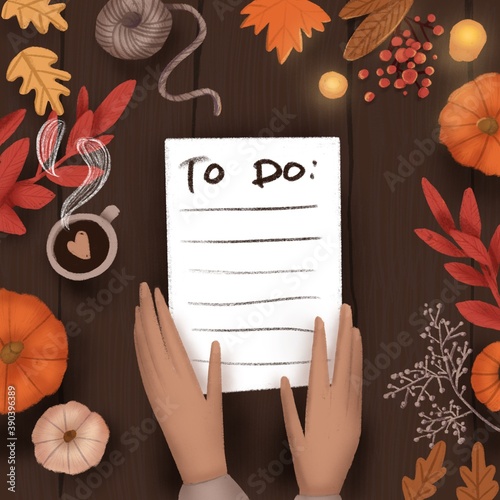 Digital illustration autumn background with leaves, hands, to do list